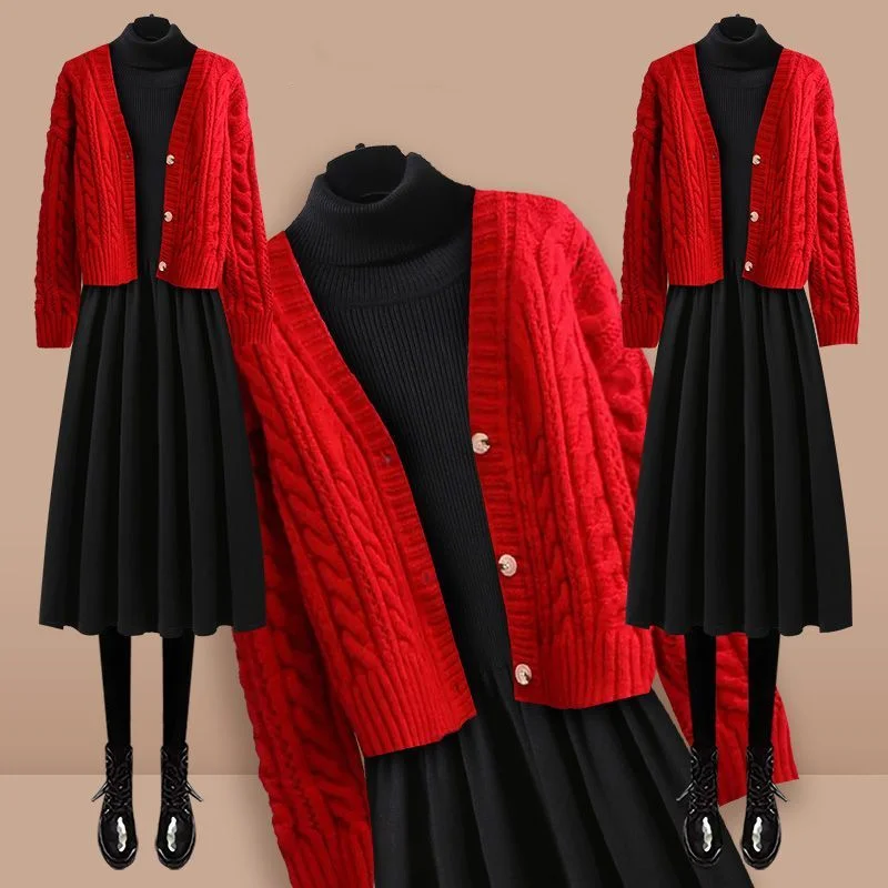 

Women Clothing Autumn Winter Outfits 2023 New Fashion Elegant Long Sleeved Cardigan Sweater Slim Knitted Dress Two Piece Set