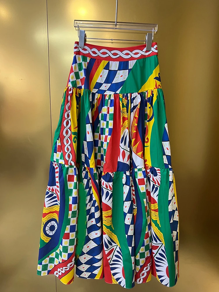 

Summer Sicilian 100% Cotton Women Skirt Beach Vacation Fashion Printing Empire Half Dresses High Street Elegant Lady Expansion