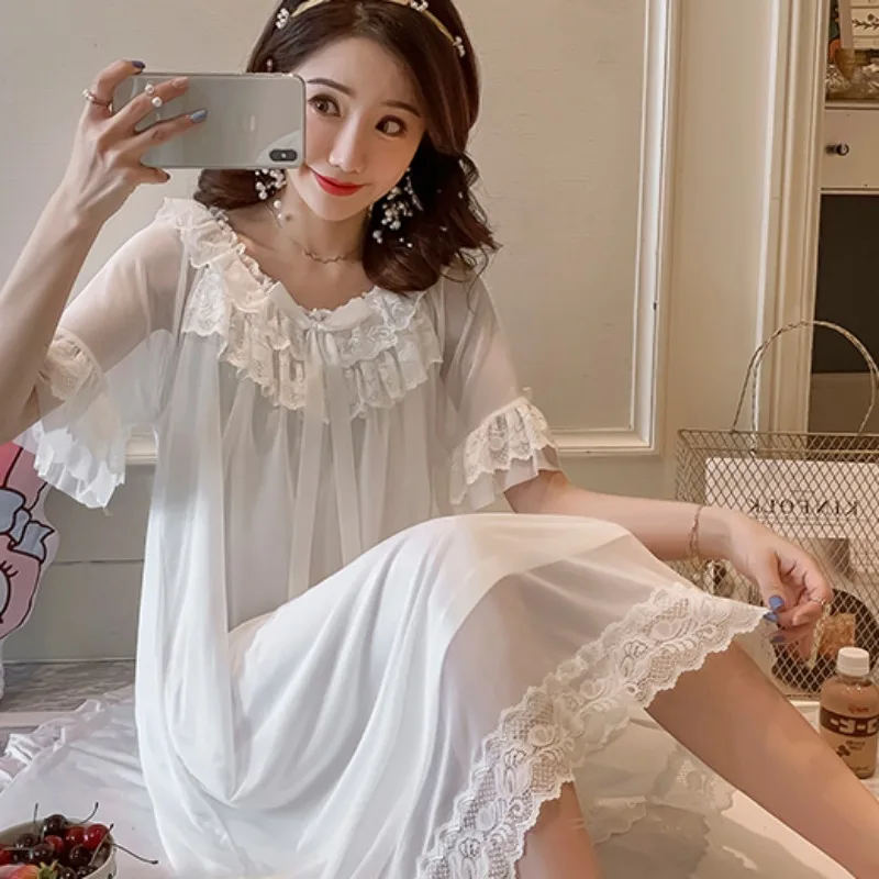 Fairy Nightdress Woman New Summer Inner Cotton Short Sleeve Princess Court Fairy Wind Lace Sexy Ice Silk Pajama Woman Sleepwear