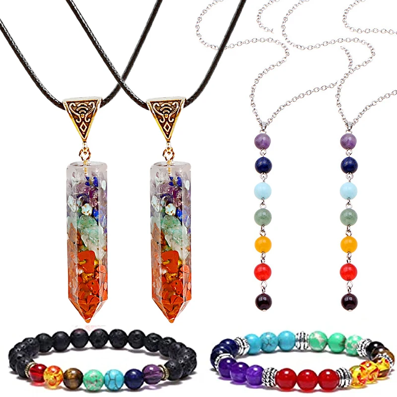 2Pcs/Set 7 Chakra Gem Stone Beads Necklace Bracelet Set Women Yoga Healing Balancing Chakra Choker Bracelet Femme Jewelry Gift