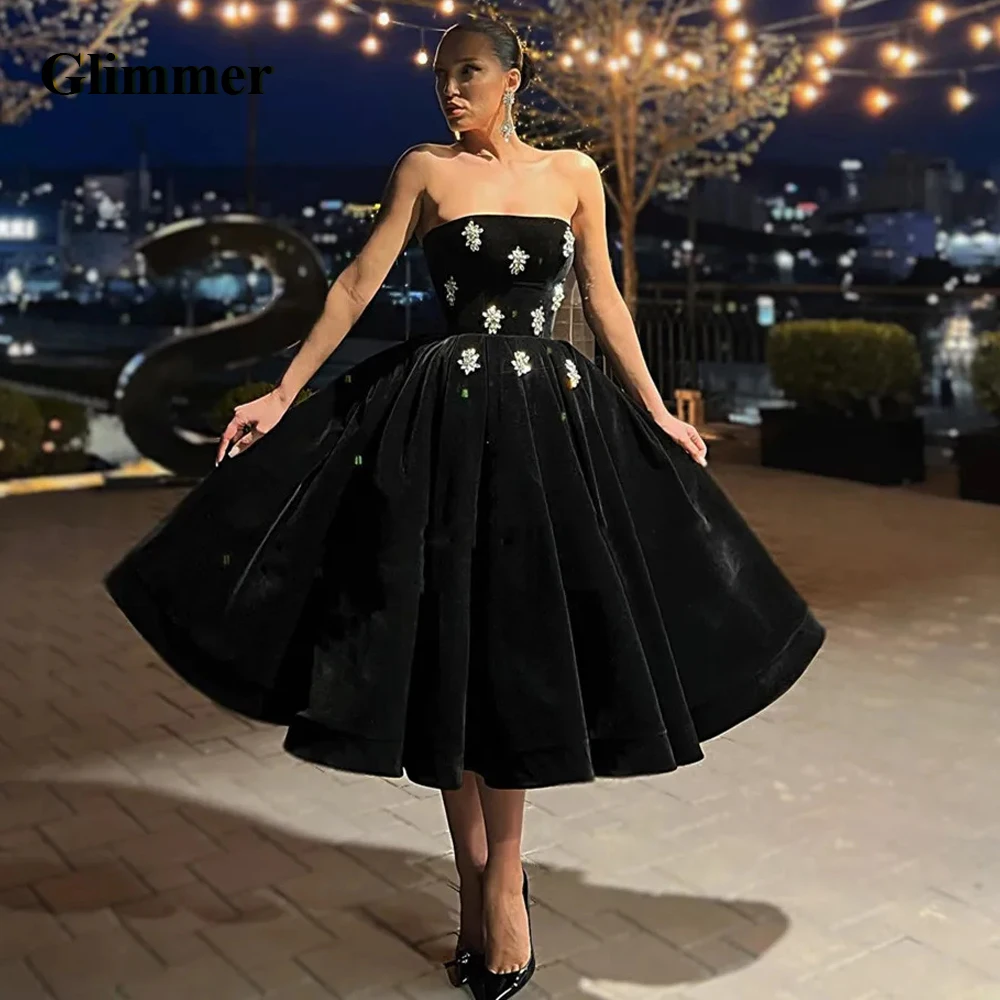 

Glimmer Elegant Strapless Evening Dresses A Line Velvet Rhinestones Pleat Sleeveless Backless Vestidos De Festa Customised