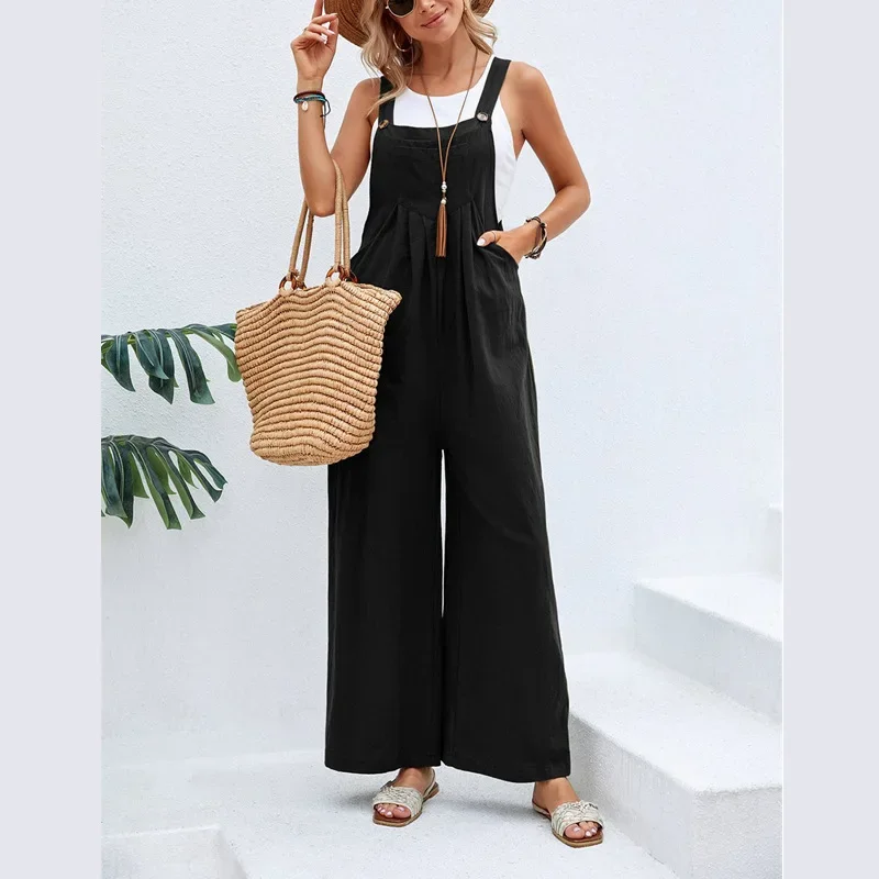 2024 New Summer Women Sleeveless Rompers Loose Jumpsuit Casual Backless Overalls Trousers Wide Leg Pants