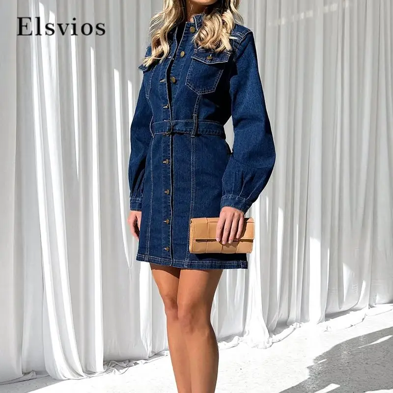 

Ladies Elegant Single-Breasted Commuter Dress Fashion Lapel With Belt Denim Dress Chic Casual Long Sleeve Solid A-Word Dresses