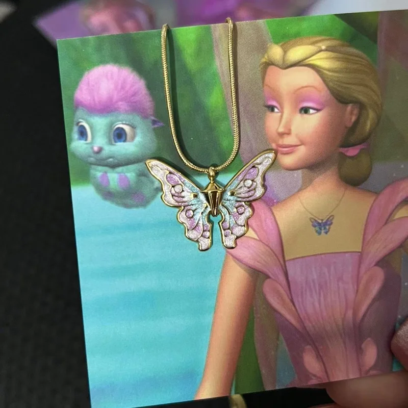 Y2K Barbie Pink Butterfly Fairy Pendant Necklaces for Women Sweet and Romantic Best Friend Party
