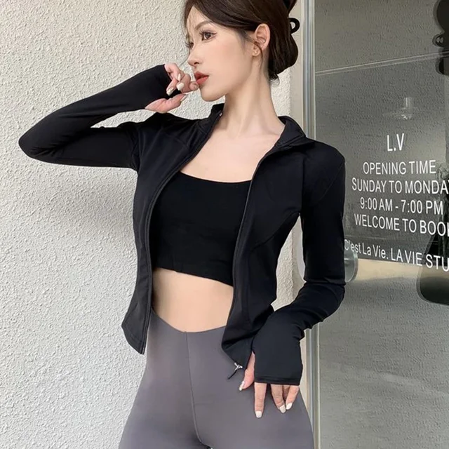 2025 New Slim Fit Long Sleeve T Shirt Women Wild Zipper Up Waist Slimming Yoga Tshirt Woman Tight Stand Collar Crop Tops Female 3