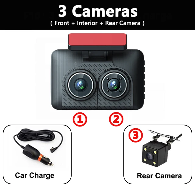 

3 Channel Car DVR Three-Lens Inside Vehicle Dash Cam Three Way Camera DVRs Recorder Video HD1080P Registrator Dashcam Camcorder