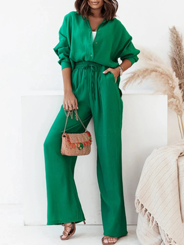 

Causal Loose Women Pajamas 2 Piece Sets Long Sleeve Shirt With High Wasit Trousers Sets Home Wear Female Elegant Office Outfits
