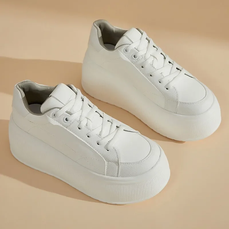 Female's 7cm Bottom White Sneaker Shoes Flat Casual Shoes Simple Shoes for Business Daily Wear Women 2024 Autumn New 2