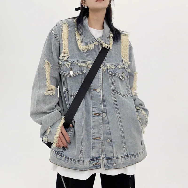 

High-Quality Hole Denim Jackets Women Loose Tassels Women Basic Coat Vintage Turn Down Collar Jacket Female 2023 Autumn