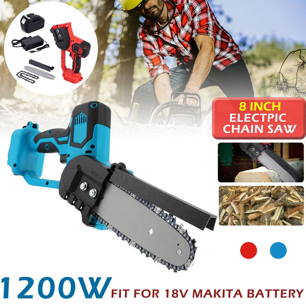 

1200W 8 Inch Electric Chain Saw Cordless Brush Woodworking Cutting Tools Garden Power Tools W/ Blade with 21V Makita Battery