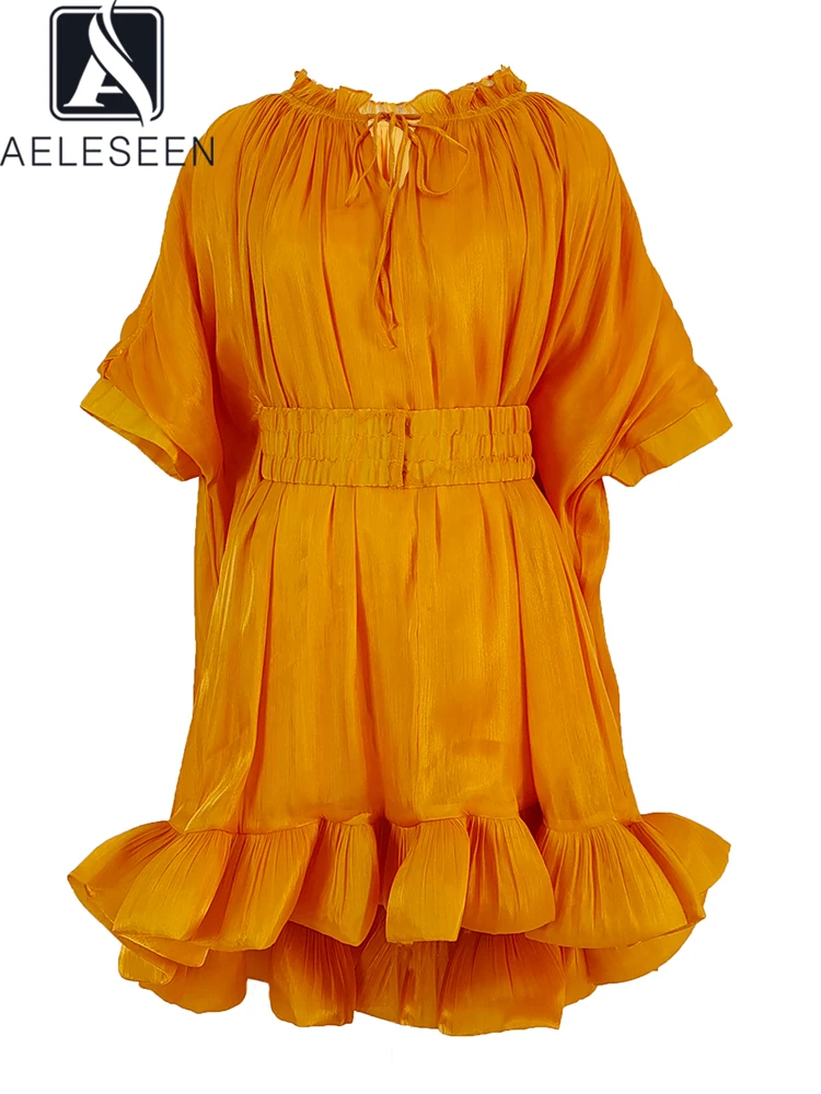 

AELESEEN модное дизайнерское мини-платье для женщин с коротким рукавом «летучая мышь» и оборками асимметричное розовое оранжевое свободное Повседневное платье для отдыха