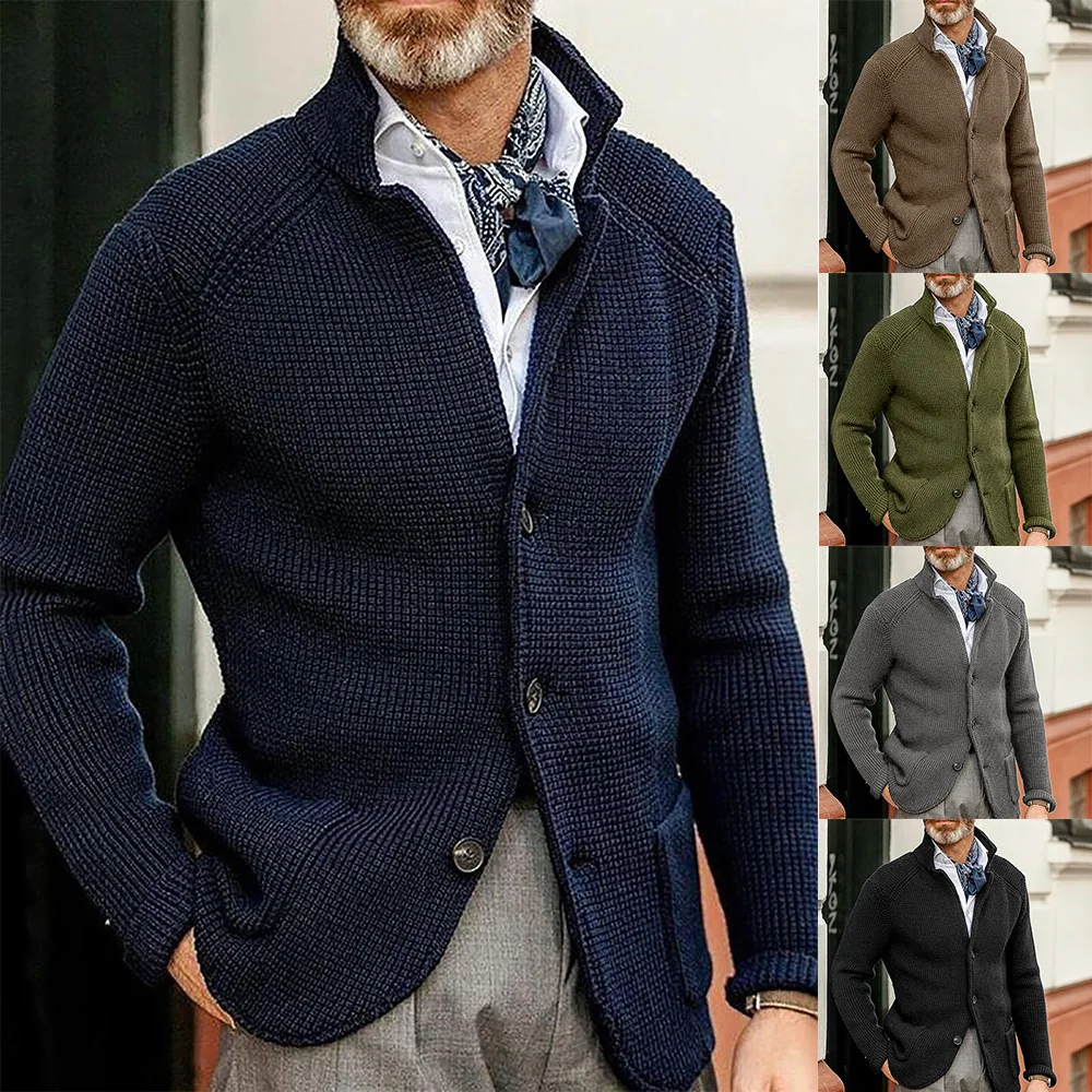 Men's Sweater Coat Slim Fit Suit Stand Collar Knitted Sweater 2023 Autumn and Winter New Cardigan Men