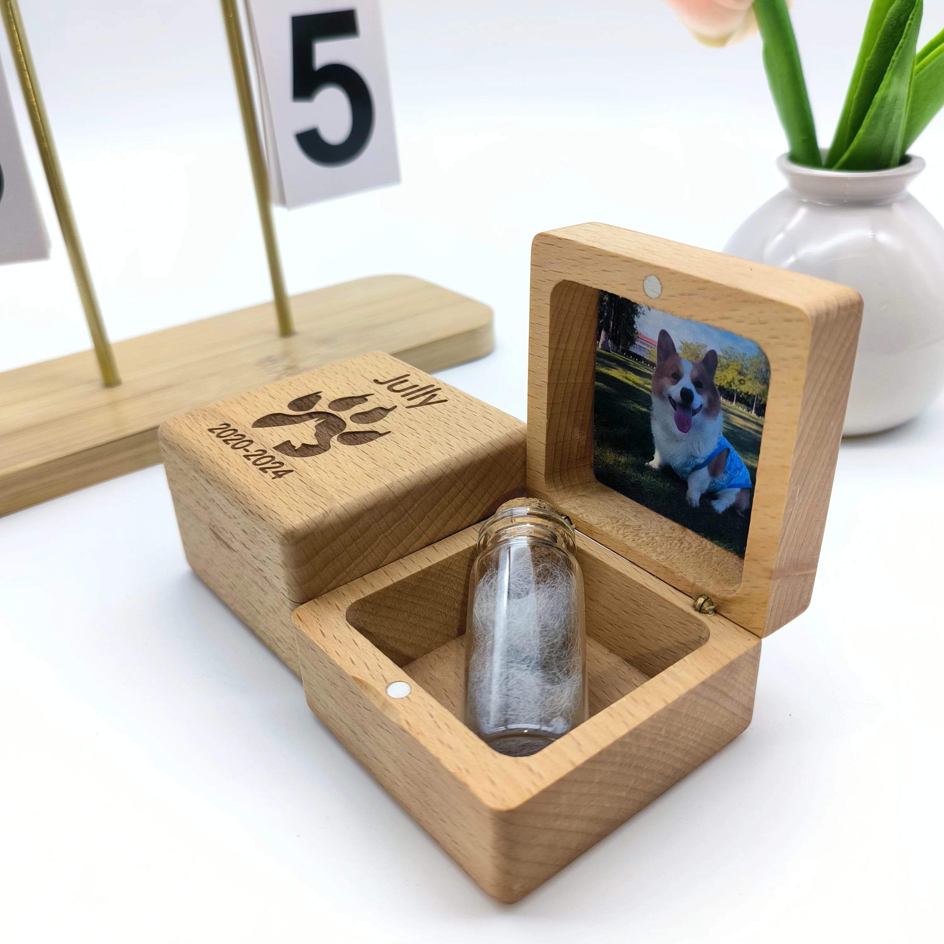 Personalized Handmade Wooden Pet Memorial Box with Name and Photos-Can Hold Pet Urn, Fur , Teeth, Nails