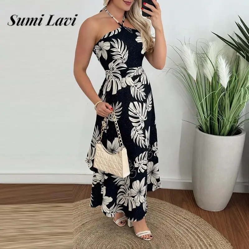

Casual Pattern Printed Hollow Out Ruffled Dress Fashion Sleeveless Backless Long Dress Summer Ladies Halter A-Line Beach Dresses