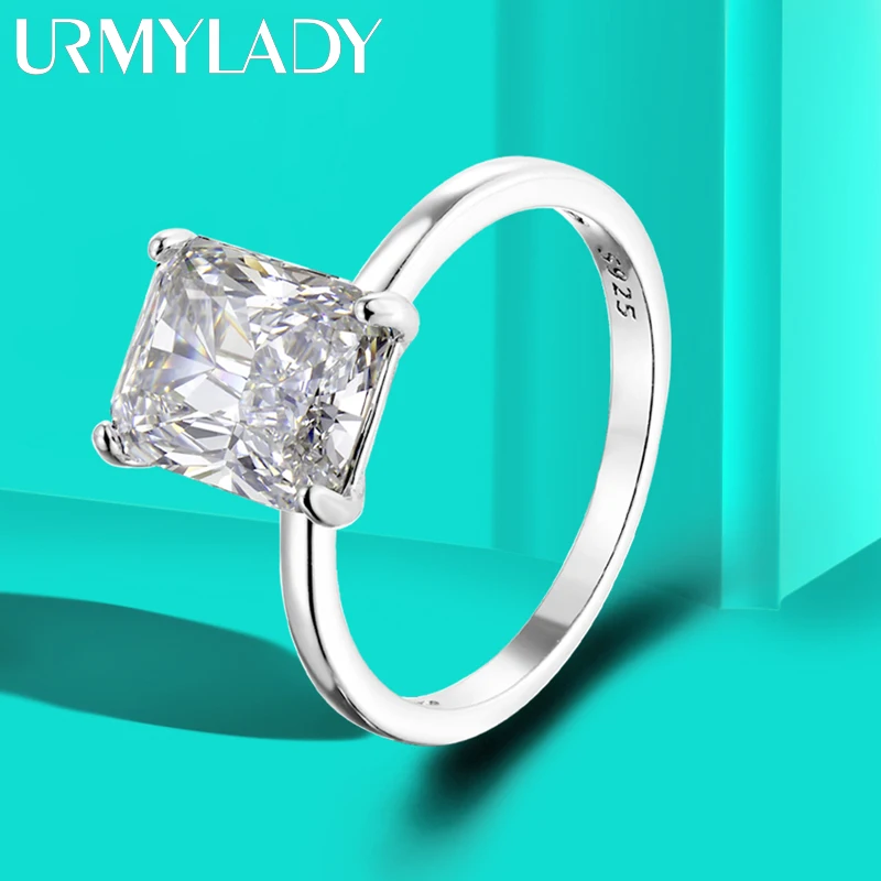 URMYLADY 에메랄드 모이사나이트 반지, s 도금, 18k 화이트 골드, 웨딩 밴드, 여성용 약혼 반지, 4ct