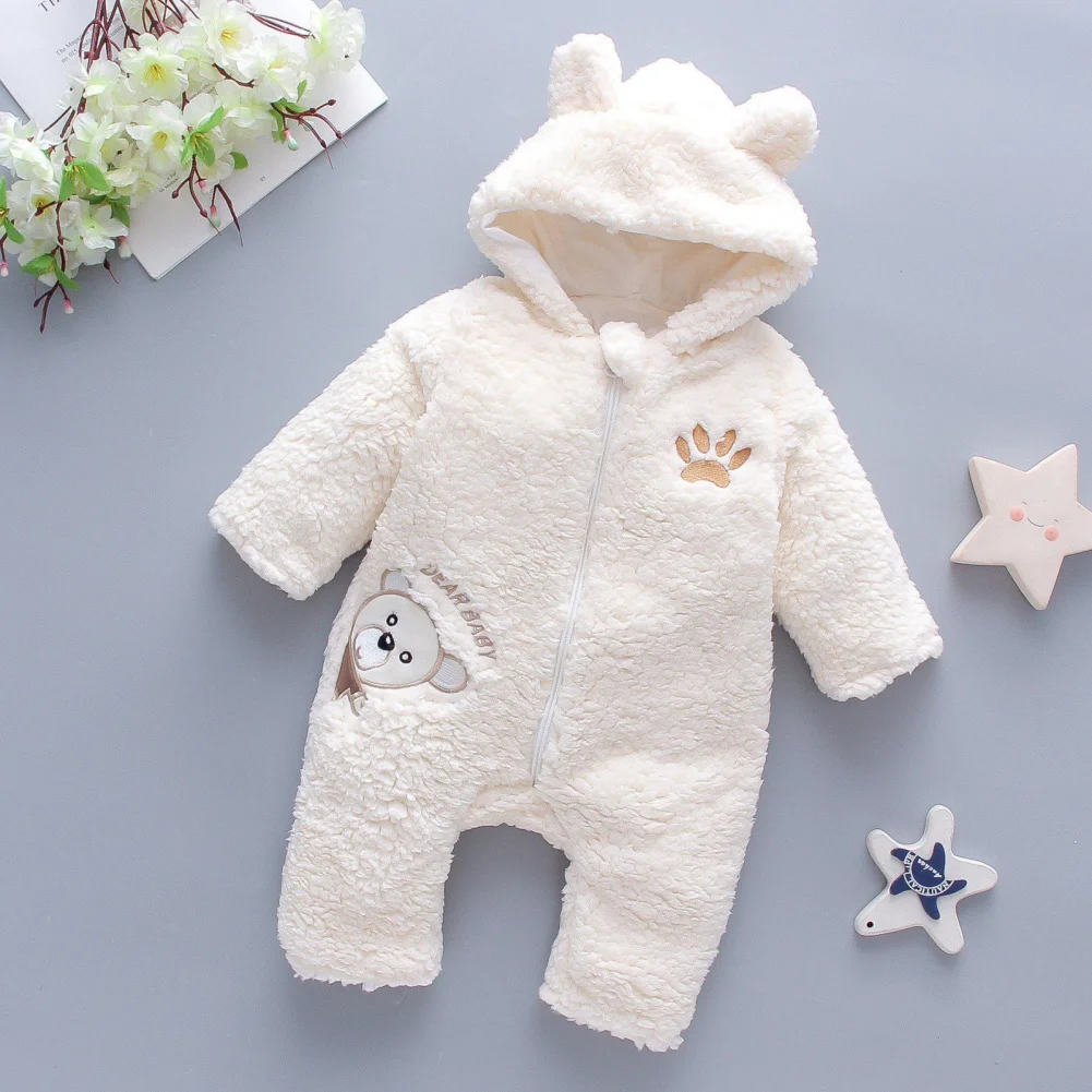 

Synpos Autumn Warm Hooded Zipper Romper 0-24 Months Winter Trendy Cartoon Bear Jumpsuit Infant Boy Baby Girls Clothes 1 Year