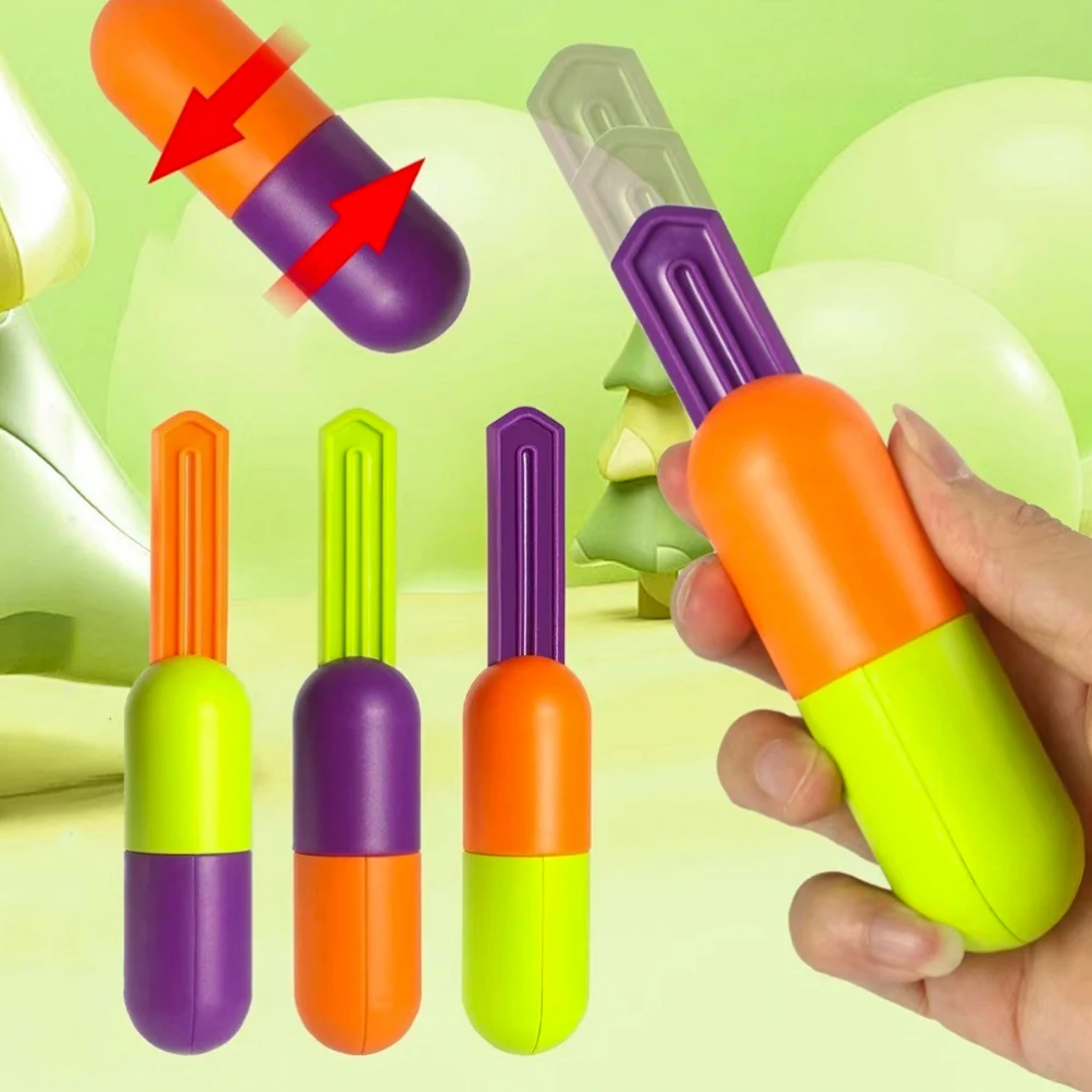 

1-3PCS 3D Printed Capsule Carrot Knife Rotating Toys Creative Capsule Spiral Telescopic Knife Decompression Toy Kids Prank Props