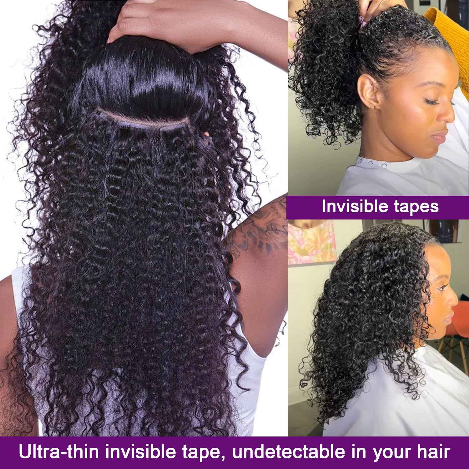 딥 웨이브 테이프 인 헤어 익스텐션 100% 브라질리언 곱슬머리 접착 테이프 인 익스텐션 여성용 천연 블랙 인모
