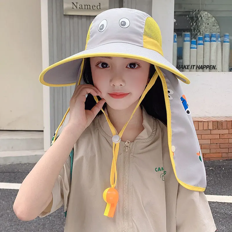 Sun Hats For Boys Girls Children Summer Outdoor Sunscreen Wide Brim Bucket Hat With Shawl Sunshade Cartoon Fisherman Cap Kids