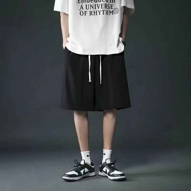 Men Summer Korean Solid Color Loose Oversize Casual Wide Legs Straight Cylinder Sagging Sensation Ice Shreds Plus Size Shorts