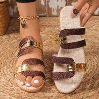 Femmes pantoufles 2025 nouvelles sandales blocage décontractées en plein air pantoufles en cuir souple semelle épaisse pente tissé chaussures de paille diapositives femmes 5