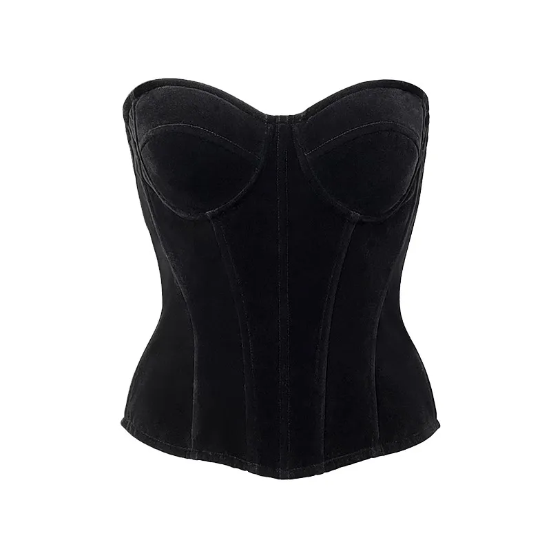 Women Corset Buster Overbust With Bra Boned Tops Strapless Velvet Tube Tops Zipper Slimm Waist Vintage Bodices Black  Backless