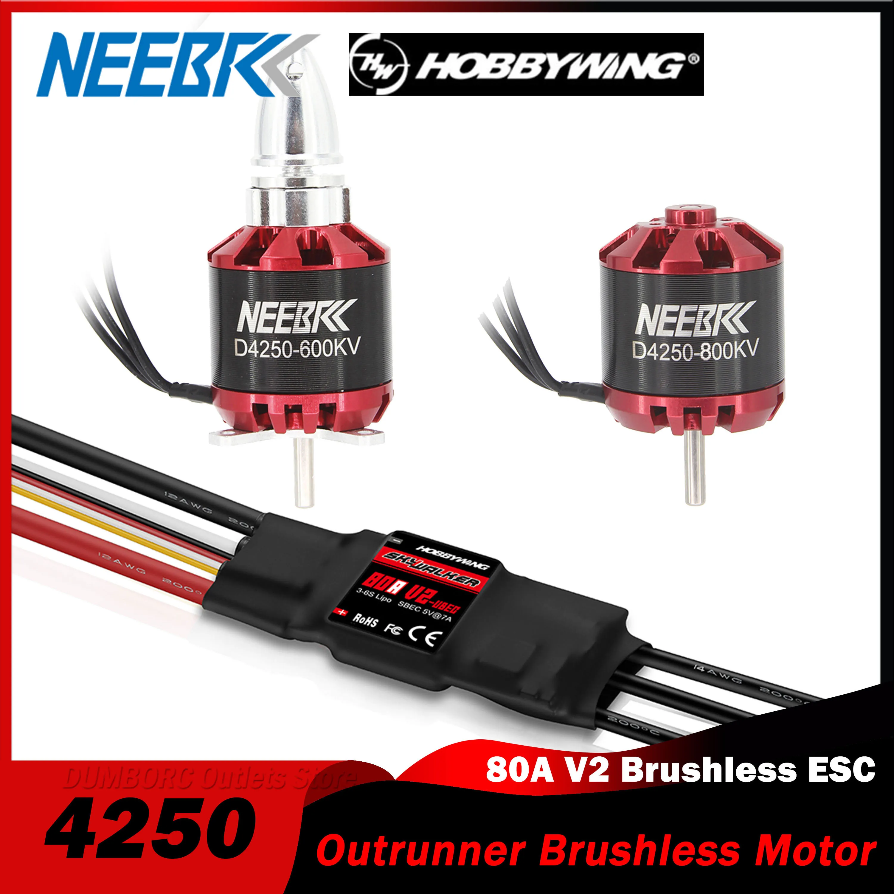 

4250 Outrunner Brushless Motor 600KV 800KV 3-7S with 80A V2 ESC Speed Controller for RC FPV Fix-Wing Drone Aircraft Multicopter