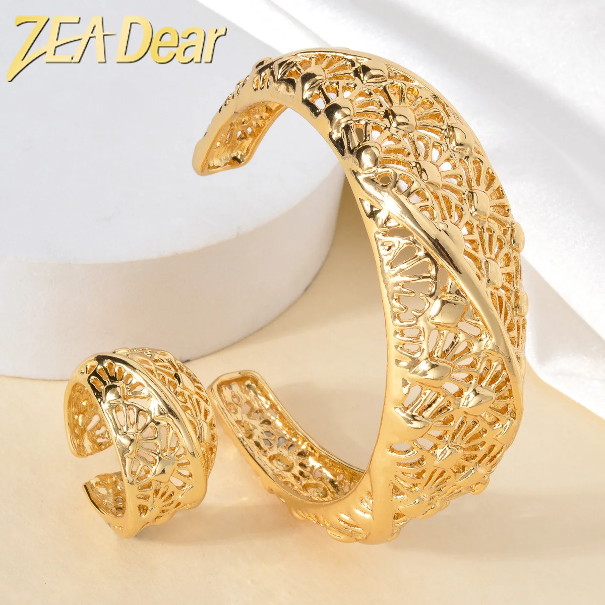 

ZEADear Jewelry Dubai Gold Color Bangle Ring 2 Pcs 18K Gold Plated Copper Open Cuff Bracelet For Wedding Gifts Indian Ethiopian