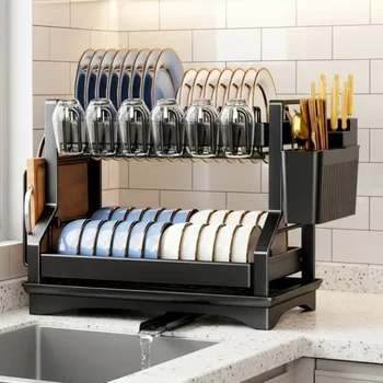 Dish Drying Rack Double Layer Kitchen Organizer with Chopstick Holder & Cup Storage Sink Counter Shelf for Plates Bowls Utensils 1
