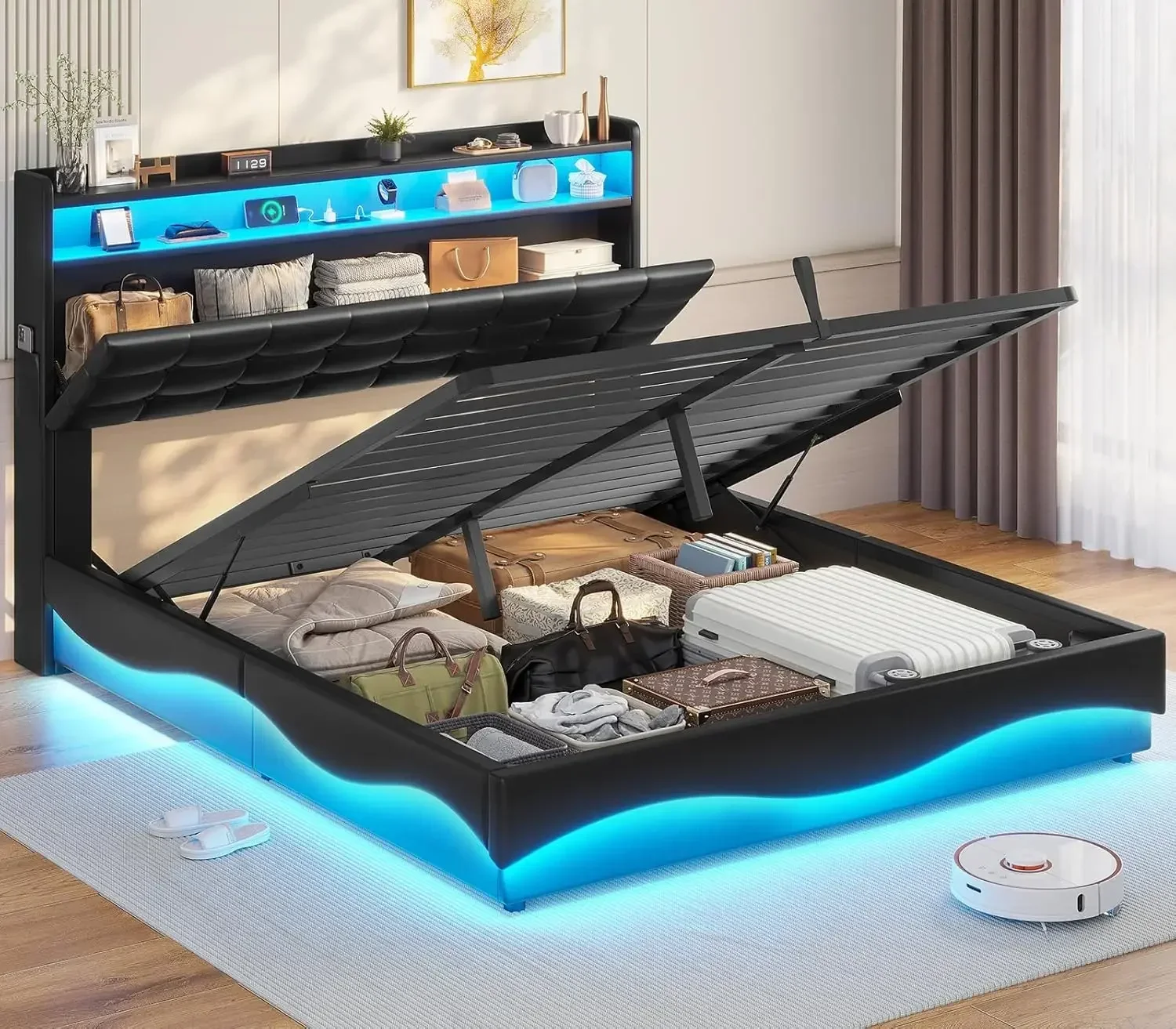 ADORNEVE Lift Up Storage Queen Bed Frame with Type-C Charging Station ...