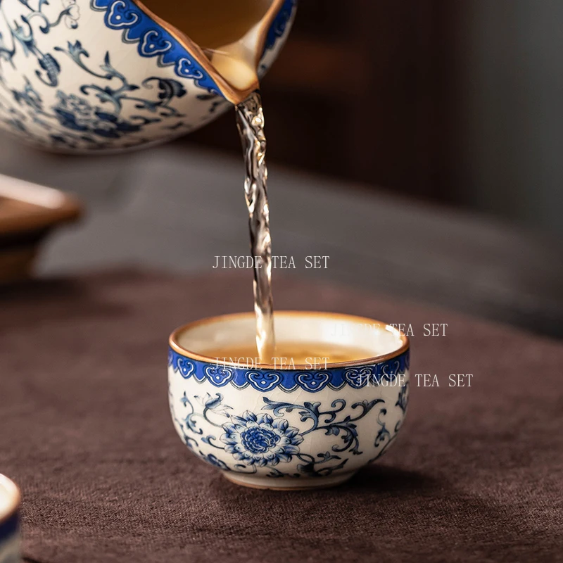 Blue and White Ru Kiln Tea Cup Home Ceramic Master Cup Full Flower Enamel Zen Meditation Cups Tea Tasting Cup Kung Fu Tea Set