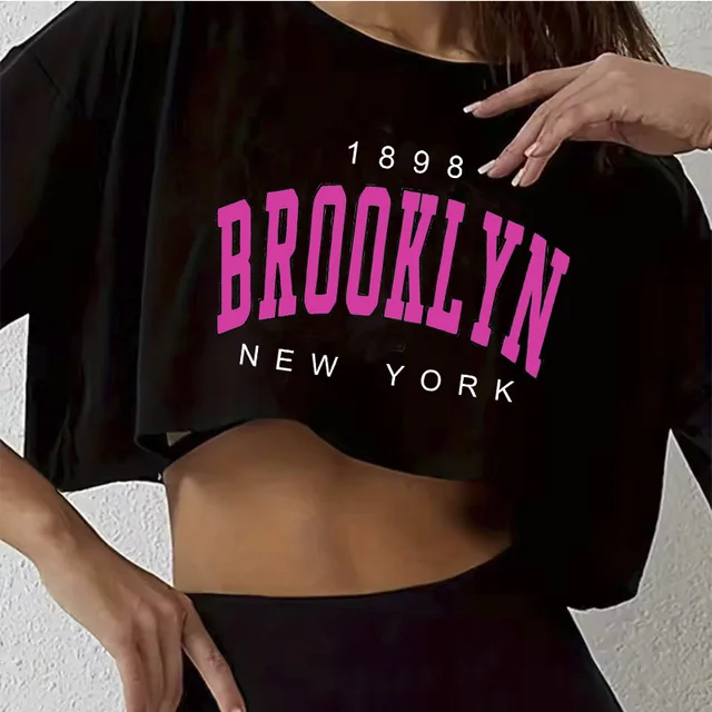 T Shirt Los Angeles Number 91 Brooklyn Graphic Round Neck Sports Crop T-shirt Casual Crop Top Women Cropped 3