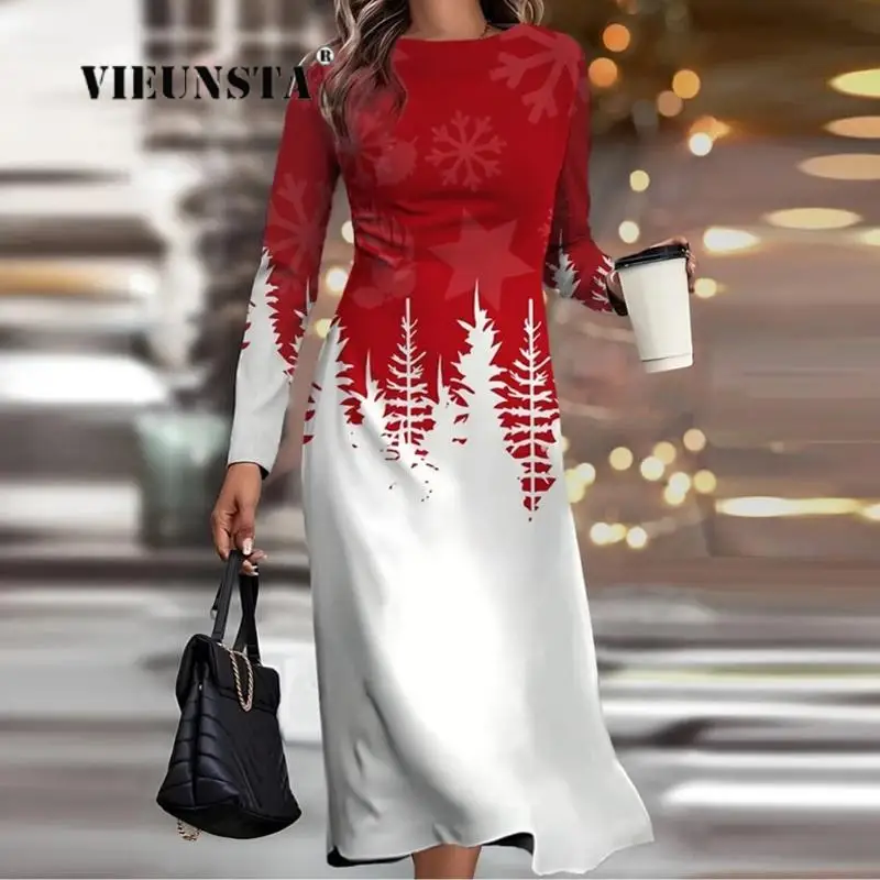 

Women Vintage Snowman Print Slim Long Dresses New O-Neck Long Sleeve Female Dress Christmas Winter Casual Lady A-Line Maxi Dress