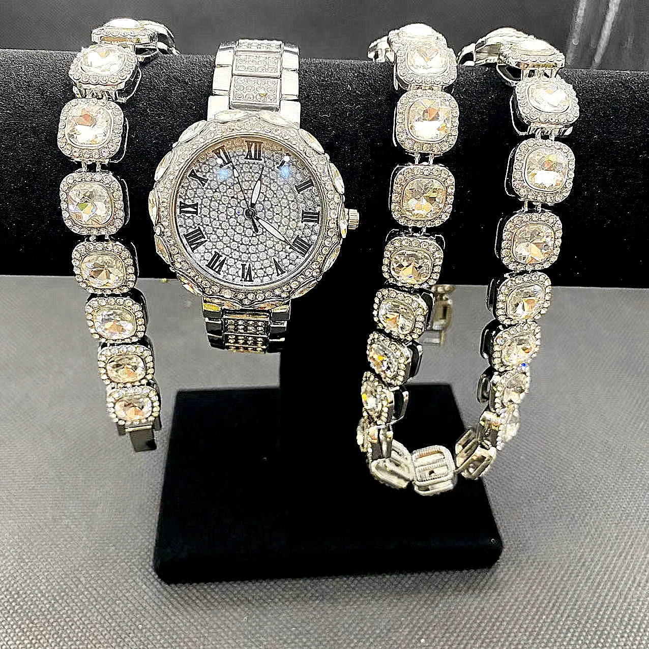 3PCS Iced Out Watches for Women Diamond Crystal Gold Watch Chain Bracelet Necklaces Bling Jewelry for Women Watch Quartz Reloj