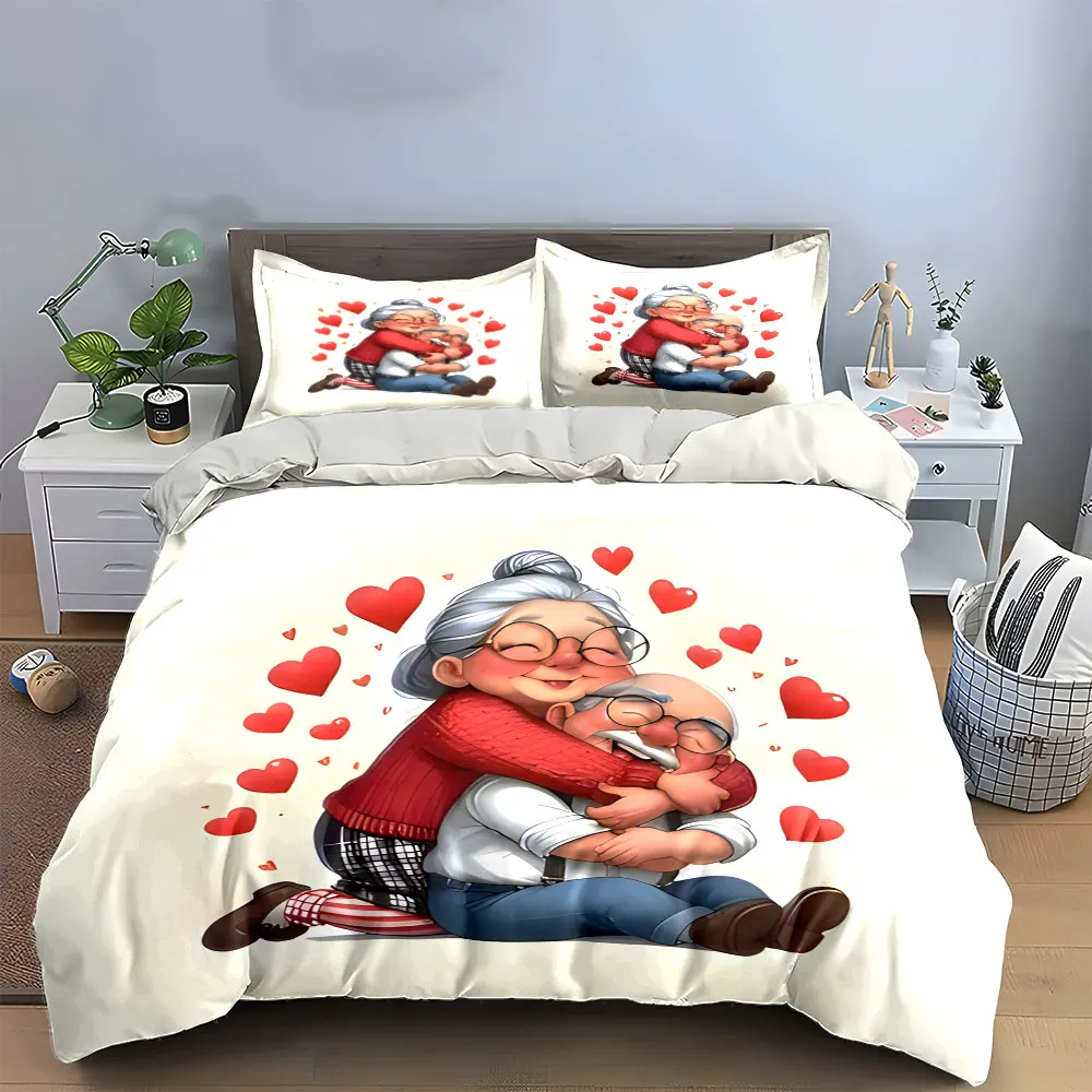 Cute Cartoon Elderly Couple Hug Red Heart Bedding Set,Sweet Old Grandma Grandpa Love Print 1 Duvet Cover + 2 Pillowcase, gift 3