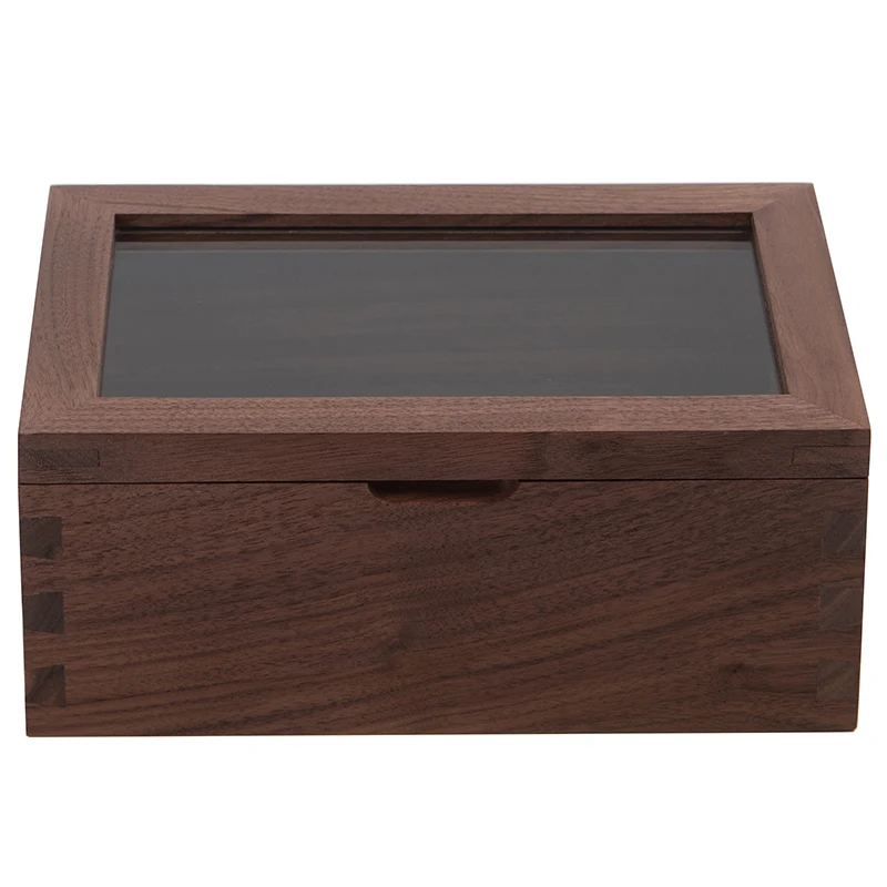 Black Walnut Storage Box with Tempered Glass Lid Retro Tea Set Organizer Elegant Home Decor for Living Room Premium Display Case 6