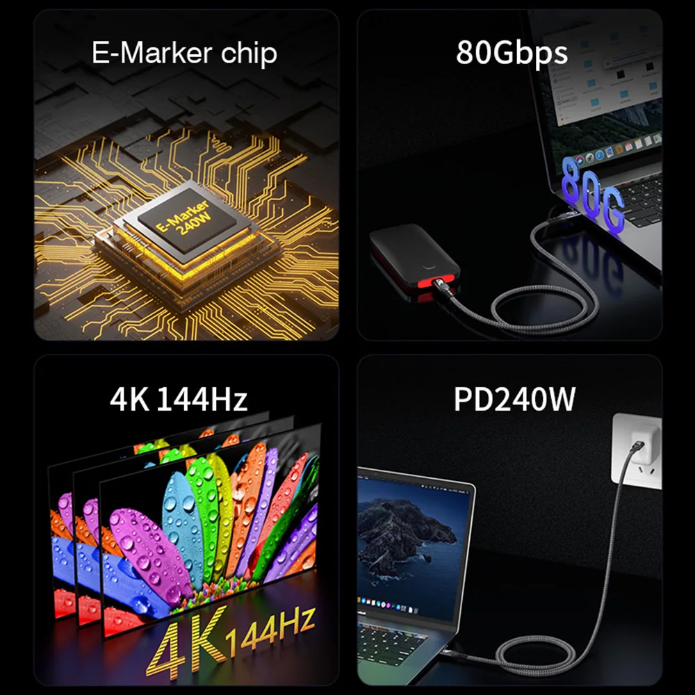 USB4 케이블 PD240W 80Gbps 4K 144Hz 타입 C 고속 충전 썬더볼트 3 풀 기능 USB C to C 데이터 전송 케이블 노트북용
