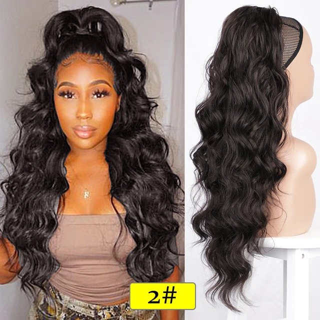MONIXI Synthetic Long Wavy Ponytail Hair Synthetic Drawstring Ponytail Clip in Hairpiece Black Wave Ponytail for Black Women 2