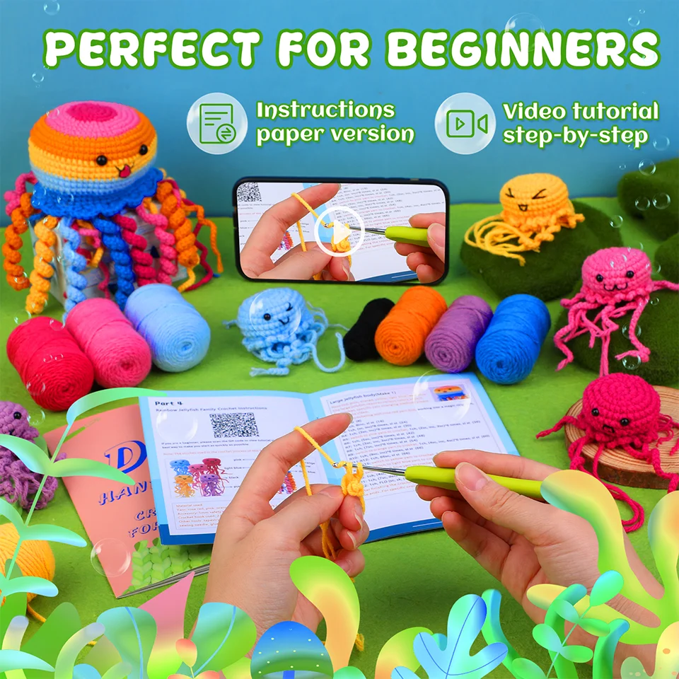 6Pcs Jellyfish Crochet Material Package with Step-by-Step Video Tutorials Unfinished Crochet Animal Kit for DIY Craft Beginner