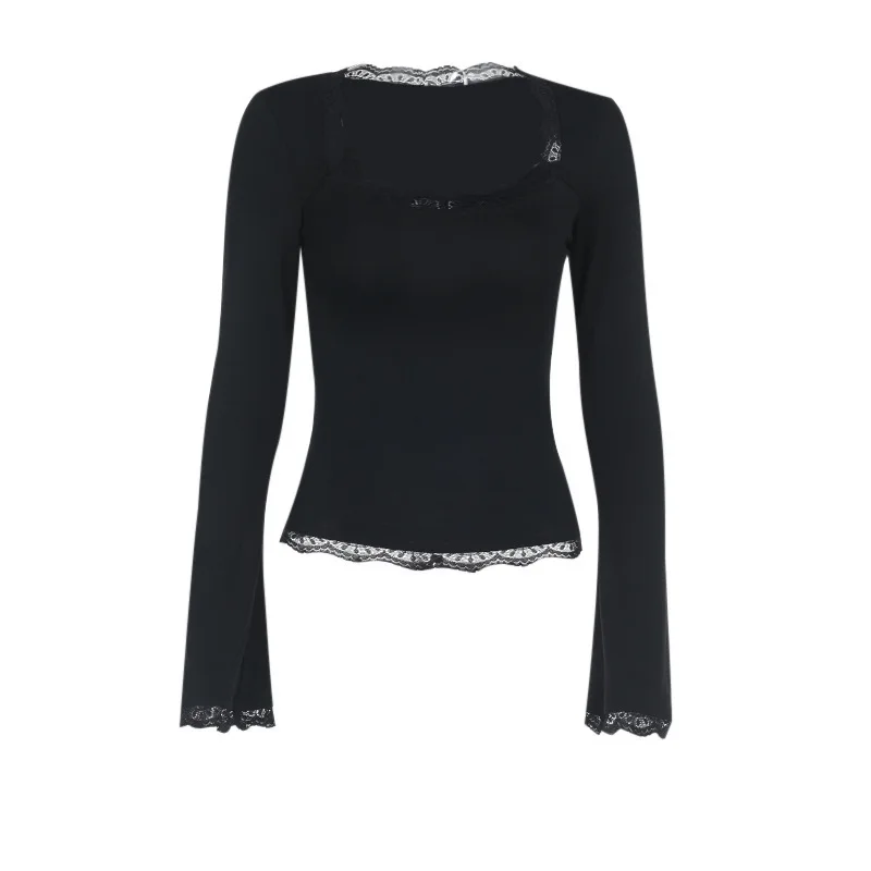 Women's Casual Solid Color Slim Fit Long Sleeve T-Shirt Lace Patchwork Slightly Flared U-Neck Crop Top Sreetwear Spring/Fall