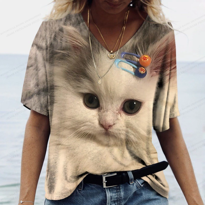 Summer Women's T-shirts Animal Cat Dog 3d Print Tshirt Women Fashion T-shirt V-Neck Oversized T Shirt Women's Clothing Anime Y2K