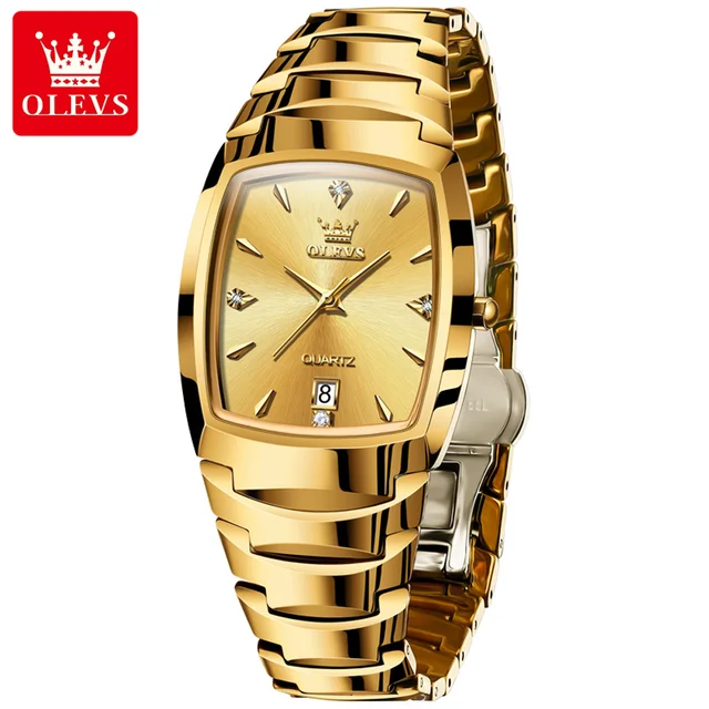 OLEVS Tungsten Steel Quartz Watch para homens, relógio de pulso Square Dial Business, relógios impermeáveis, luxo, ouro, 43mm