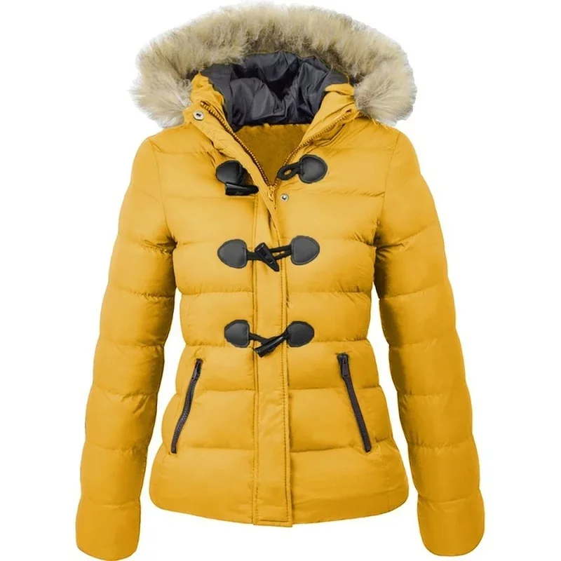 Women's Short Hooded Warm Jacket with Horn Buckle Decoration Women's Cotton-padded Jacket Winter Models of Cotton-padded Jacket