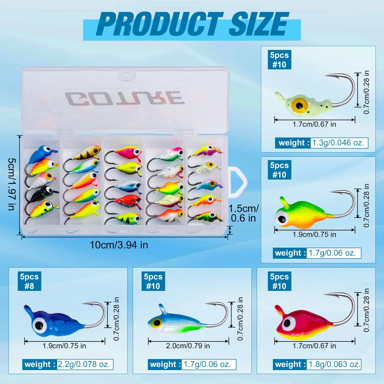 Goture Ice Fishing Jigs Set 1.5g 2g Luminous Vivid Swim Actions Jig Bonic Lure Set for Winter Panish Fishing with Tackle Box