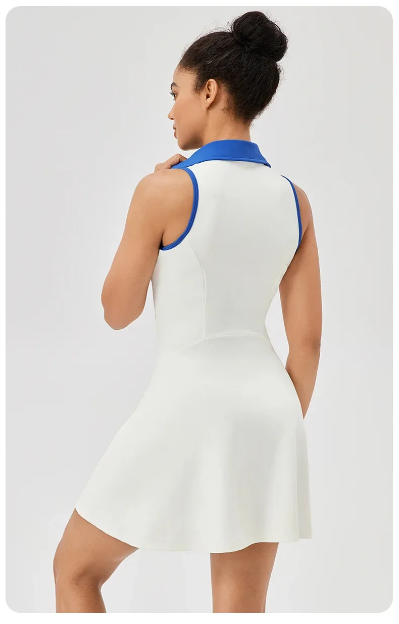 Women Summer Tennis Dress Solid Color Lapel Slim Fit Running Skirt Breathable Golf Dress Yoga Wear Workout Clothes