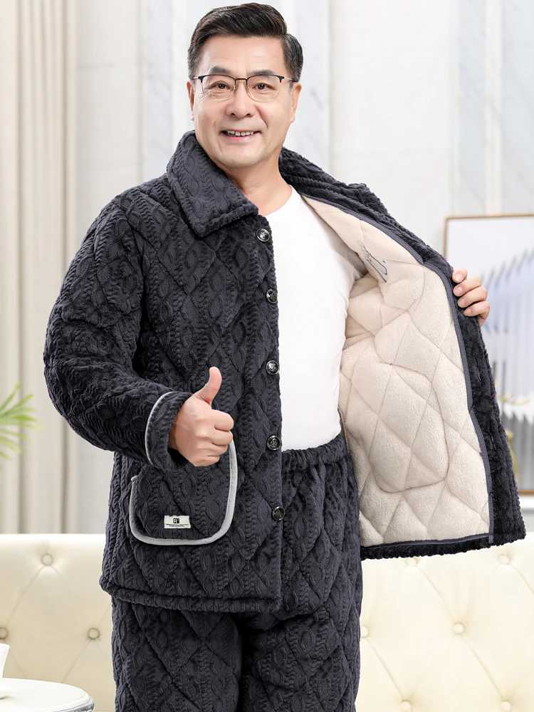 Pajamas Men's Thickened Warm Autumn Winter Three-Layer Quilted Middle-Aged Elderly Home Wear Lapel Geometric Pattern Embroidery