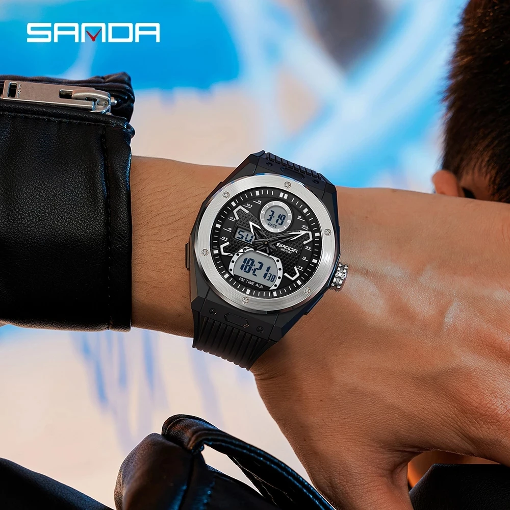 SANDA Brand 2023 Men Watches Dual Display Digital Quartz Wristwatches Waterproof Sports Military Watch Relogio Masculino 3138
