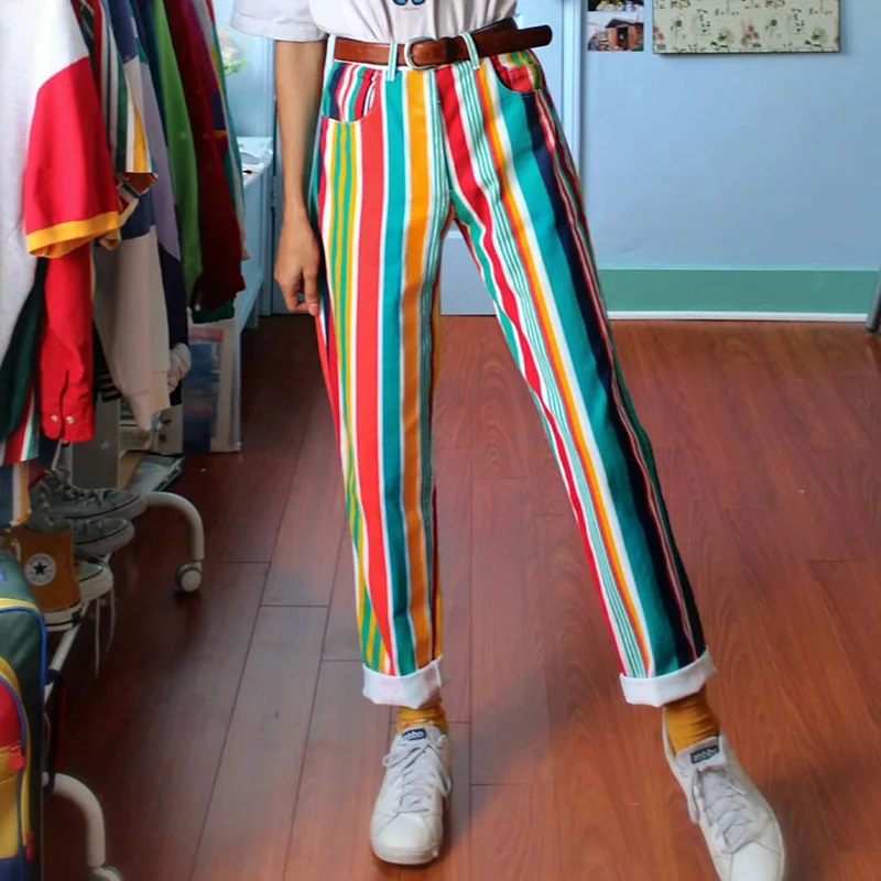 

Simple Chic Trendy Office Lady All-match Harajuku New Pants Women Autumn Rainbow Stripes Trousers Fashion Womens Casual Pants