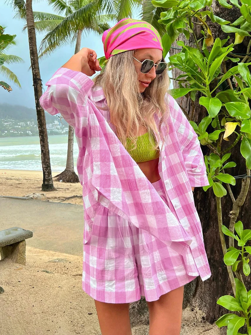 Marthaqiqi Plaid Ladies Nightgowns 2 Piece Suit Turn-Down Collar Sleepwear Long Sleeve Nightwear Shorts Casual Female Pajama Set