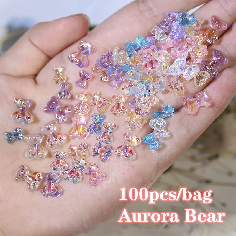 100Pcs 3D Aurora Gummy Bear Nail Charms 7Mm/9Mm Resina Cute Juicy Bear Nail Strass Flatback Aurora Gummy Bear Decorazioni